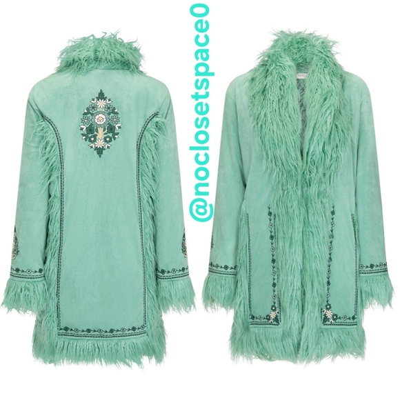 New Spell Designs Joplin Jacket Teal Penny Lane Trench Coat Faux Fur S Emerald - Picture 8 of 17